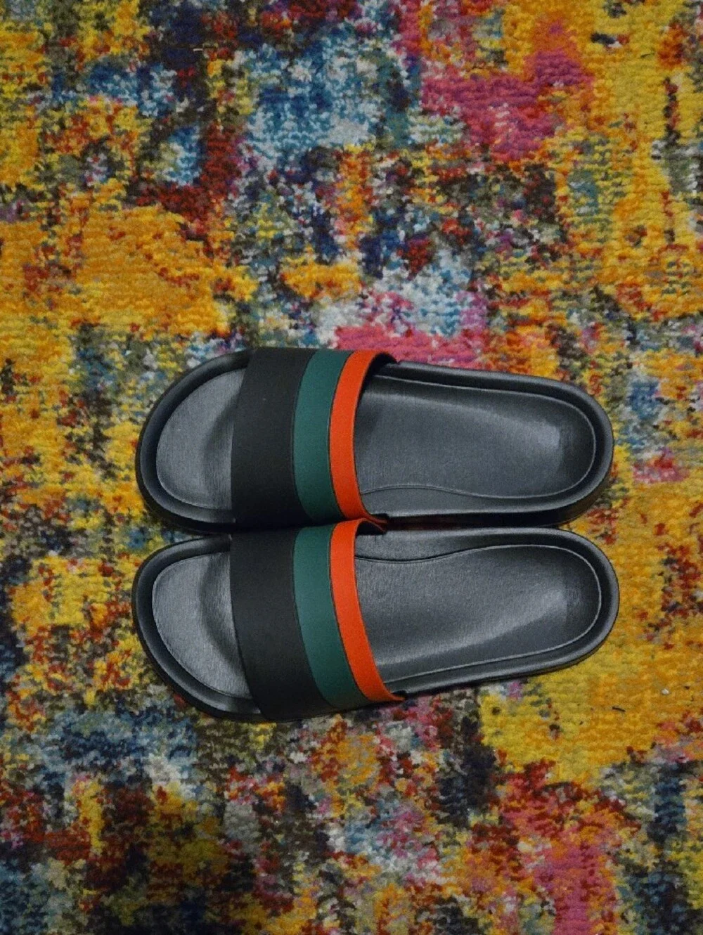 Black Slide Sandals with Green and Red Stripes